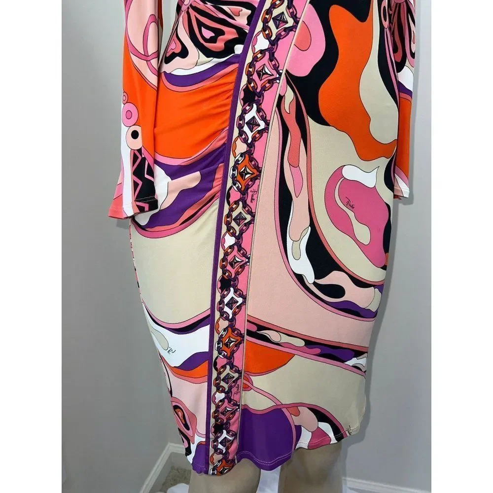 EMILIO PUCCI Pink Abstract Print Long Sleeve Knee Length Jersey Dress Size 10 - Picture 5 of 10